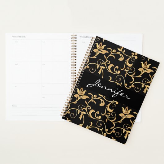 Designer Royal Black and Gold Damask Personalisier Planer (Anzeige)