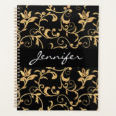 Designer Royal Black and Gold Damask Personalisier Planer (Vorderseite)