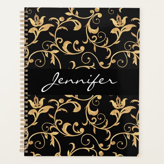 Designer Royal Black and Gold Damask Personalisier Planer (Vorderseite)
