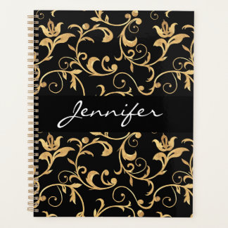 Designer Royal Schwarz und Gold Damast personalisi Planer