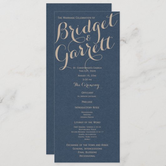 Designer Text Navy Blue Wedding Programm (Vorne/Hinten)
