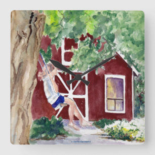 Designer Wall Clock - Girl on Swing - Wasserfarbe Quadratische Wanduhr