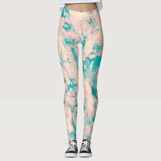 Designerische Leggings aus rosa und blauem Marmor (Vorderseite)