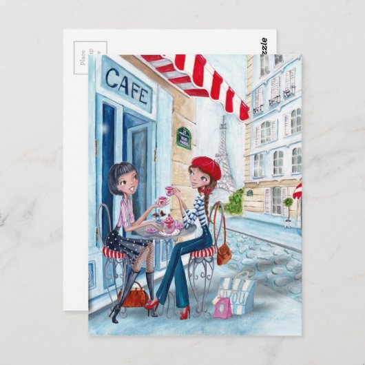 Designermädchen mit blauem und rotem Tee in Paris Postkarte (Vorne/Hinten)