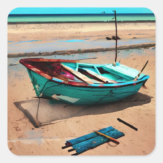 Desised Boat on Sea Shore AI Art Quadratischer Aufkleber (Vorderseite)