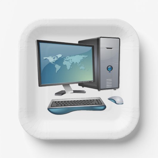 Desktop-Computer mit Monitor, Tastatur und Maus Pappteller (Vorderseite)