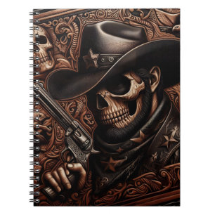 Desperado-Tod: Totenkopf mit Cowboyhut und Pistole Notizblock