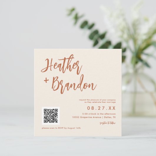 Dessert Boho QR Code Wedding Square Einladung (Stehend Vorderseite)