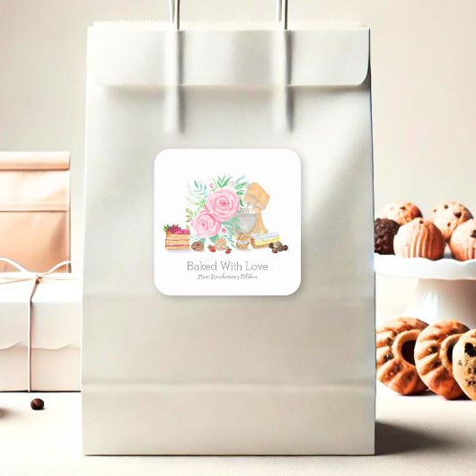 Desserts mit Mixer und Rose mit Liebe gebacken Quadratischer Aufkleber