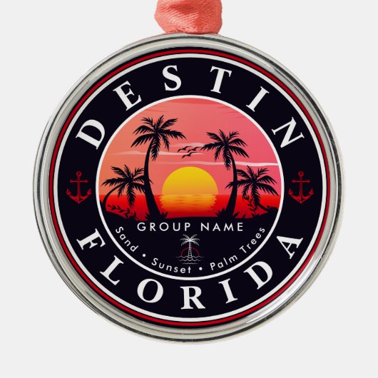 Destin Florida Beach Retro Sunset Palm Tree 80er Ornament Aus Metall (Vorne)