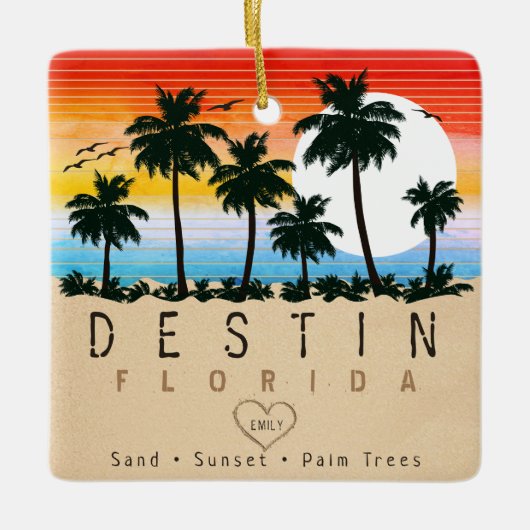 Destin Florida Retro Sunset Palm Tree 60er Keramikornament (Vorderseite)