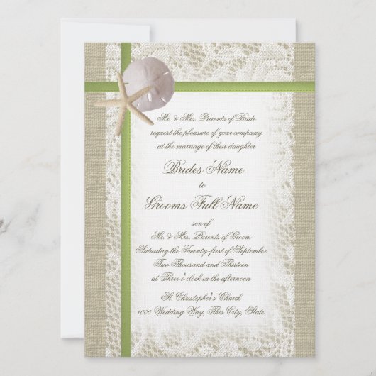 Destination Beach Burlap und Lace Wedding Einladung (Vorderseite)