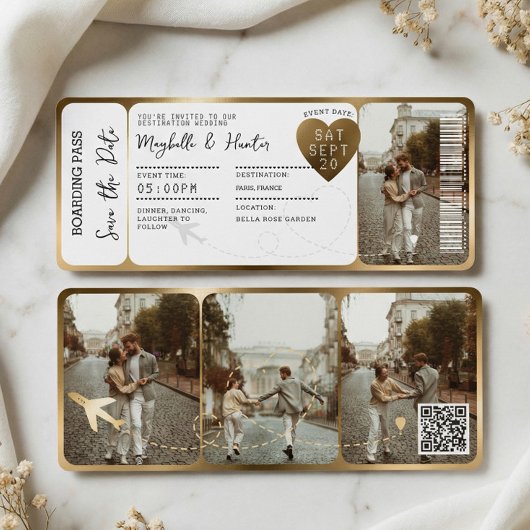 Destination Wedding Boarding Pass Gold Ticket QR Einladung