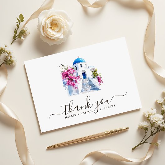 Destination Wedding Modern Bougainvillea Blue Dome Dankeskarte