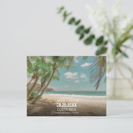 Destination Wedding Tropical Beach Save the Date Ankündigungspostkarte (Stehend Vorderseite)