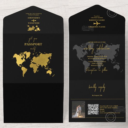 Destination Wedding World Passport Black Gold All In One Einladung