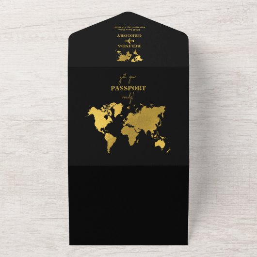 Destination Wedding World Passport Black Gold All In One Einladung (Außenbereich)