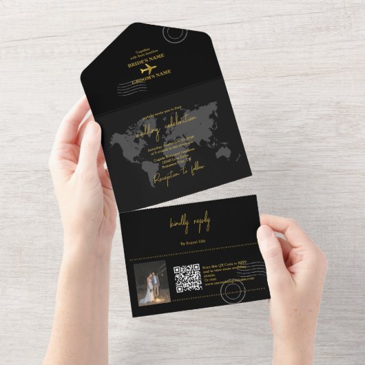 Destination Wedding World Passport Black Gold All In One Einladung (Abreißen)