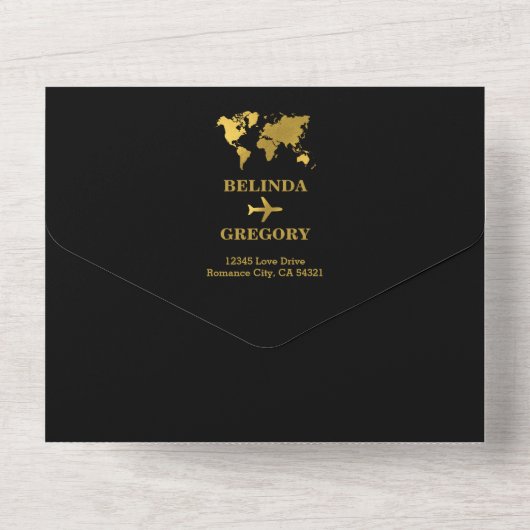 Destination Wedding World Passport Black Gold All In One Einladung (Rückseite)