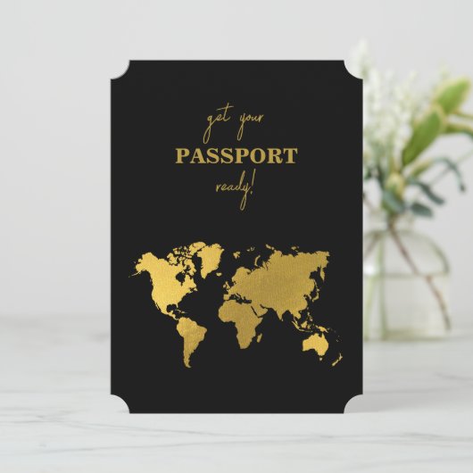Destination Wedding World Passport Black Gold Einladung (Stehend Vorderseite)