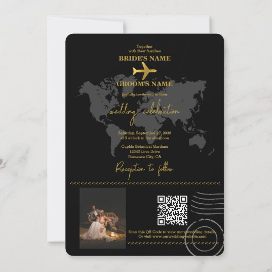 Destination Wedding World Passport Black Gold Einladung (Rückseite)