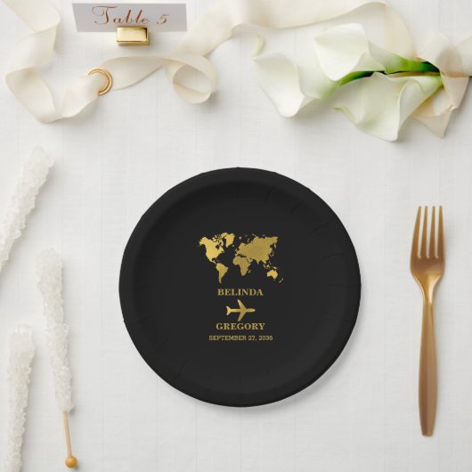 Destination Wedding World Passport Black Gold Pappteller (Hochzeit)
