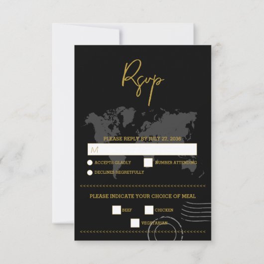 Destination Wedding World Passport Black Gold RSVP Karte (Rückseite)