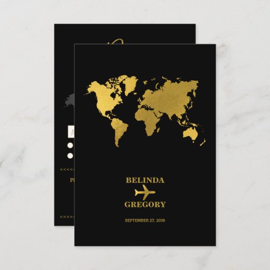 Destination Wedding World Passport Black Gold RSVP Karte (Vorne/Hinten)
