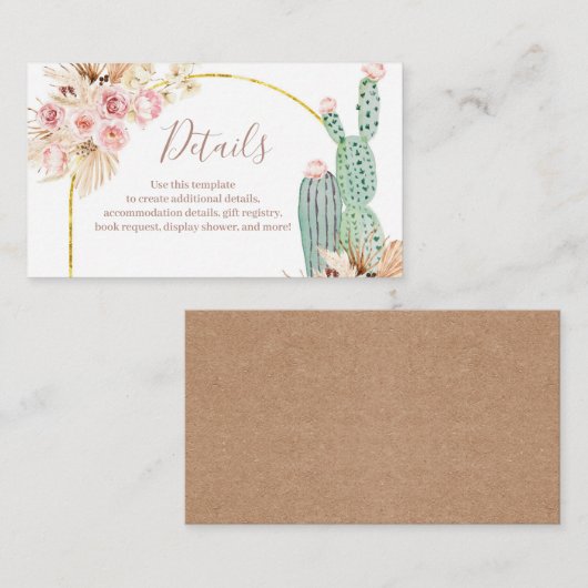 Detail Card Boho Kaktus Rosa Blume Pampas Grass Begleitkarte (Vorne/Hinten)