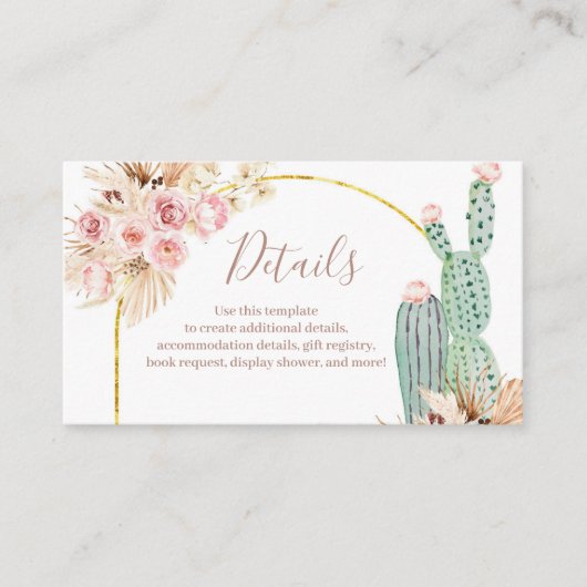 Detail Card Boho Kaktus Rosa Blume Pampas Grass Begleitkarte (Vorderseite)