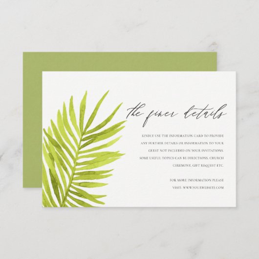 DETAIL DER RUSTIKEN-PALMLEAF-FOLIAGE-WEDING EINLADUNG (Vorne/Hinten)