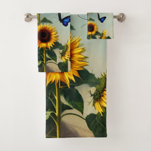 Detail Realistische Sonnenblumen und Schmetterling Badhandtuch Set