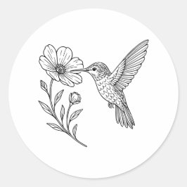 Detailed Hummingbird Line Art with Wildflower Runder Aufkleber