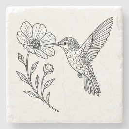 Detailed Hummingbird Line Art with Wildflower Steinuntersetzer