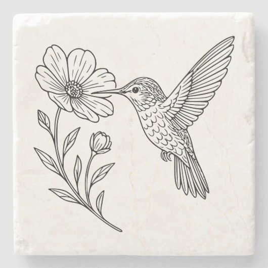 Detailed Hummingbird Line Art with Wildflower Steinuntersetzer (Vorderseite)