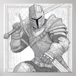 Detailed Knight in Full Armor - Coloring Page Poster