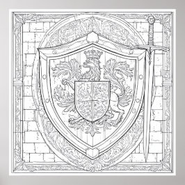 Detailed Knight's Heraldic Shield Coloring Page Poster