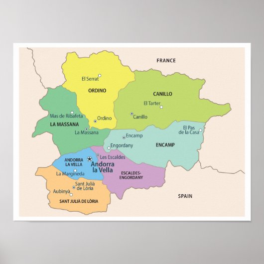 Detailed Map of Andorra Regions Poster (Vorne)