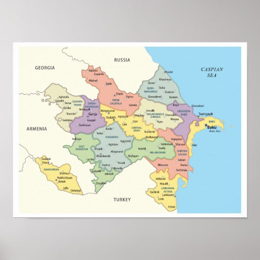 Detailed Map of Azerbaijan Regions Poster (Vorne)