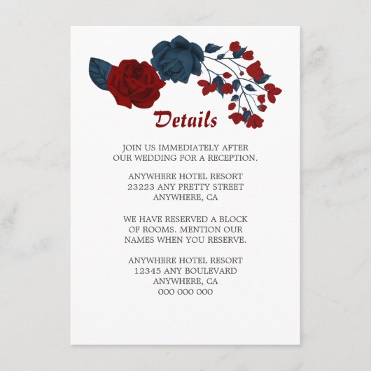 Detailkarte für elegante Marine- und Rote Blume Begleitkarte (Vorderseite)