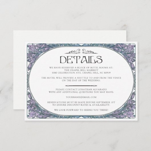 Detailkarte für farbenfrohe Jugendstil-Hochzeiten Begleitkarte (Vorne/Hinten)