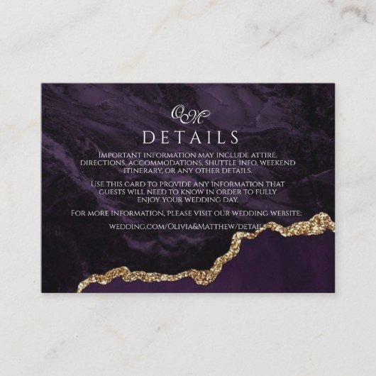 Detailkarten für lila Agate & Gold-Hochzeitsskript Begleitkarte (Vorderseite)