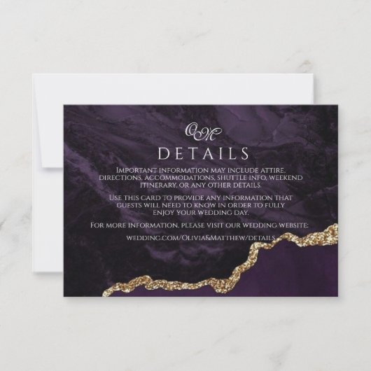 Detailkarten für lila Agate & Gold-Hochzeitsskript Mitteilungskarte (Vorderseite)