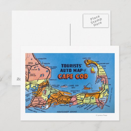 Detaillierte Auto-Karte von Cape Cod Postkarte (Vorne/Hinten)
