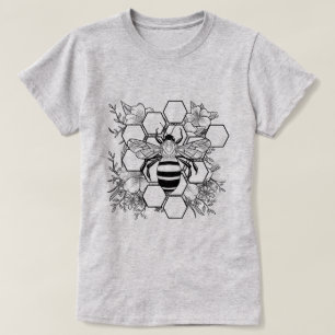 Detaillierte Biene mit Honigwabe und Blume T-Shirt