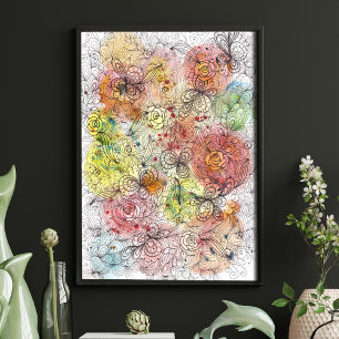 Detaillierte Blumendoodle-Artwork auf Watercolor O Poster