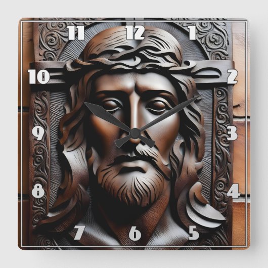 Detaillierte Carving von Jesus auf einem Steinbode Quadratische Wanduhr (Vorderseite)