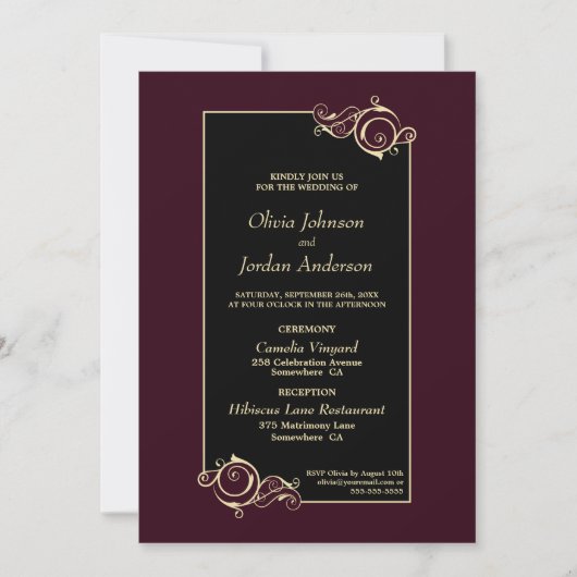 Detaillierte, elegante Black Burgundy Gold Wedding Einladung (Vorderseite)