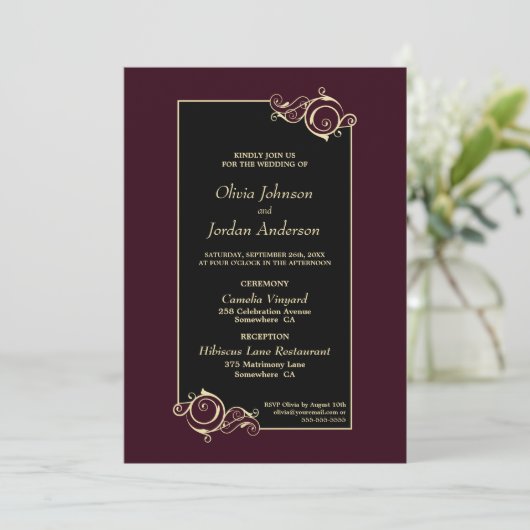 Detaillierte, elegante Black Burgundy Gold Wedding Einladung (Stehend Vorderseite)