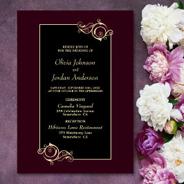 Detaillierte, elegante Black Burgundy Gold Wedding Einladung